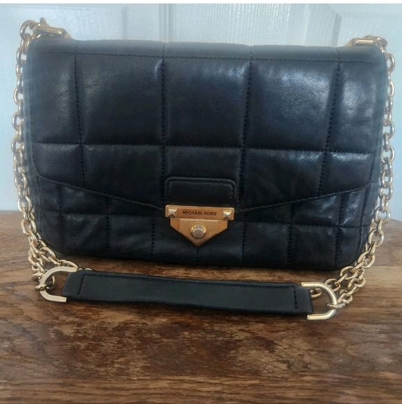 Michael Kors Soho Large Black Quilted Leather Shoulder Bag Chain Strap Gold - Picture 2 of 8